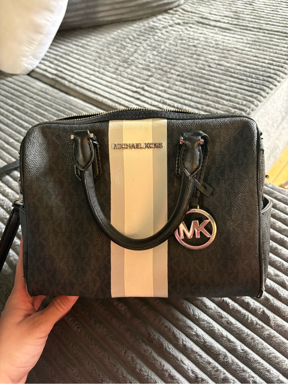 Michael Kors Black Satchel with Ivory Center Stripe